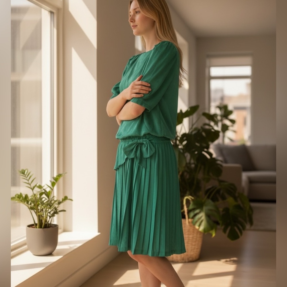 Vintage In The Mood women's teal pleated 3/4 length sleeve midi dress 1980s